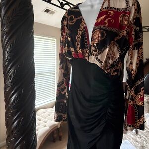 Chain-Print Black & Burgundy Wrap-Style Women's Dress